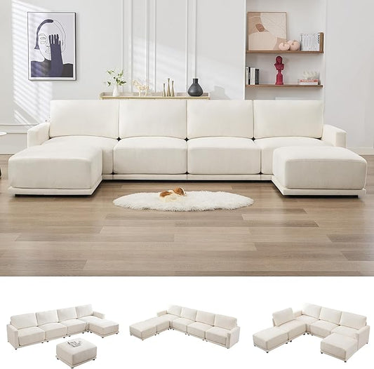 143.8" Modular Sectional Sofa Modern Chenille U Shaped Couch with Thickened Seat Cushions, Easy Assembly, Upholstered 6 Seater Couch with 2 Movable Ottomans for Living Room, White