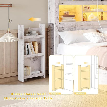 LUXOAK California King Bed Frame with 49.6" Bookcase Headboard & 2 Bedside Stoage Racks & 4 Drawers, Farmhouse Wood Bed Frame with RGB LED & Charging Station, No Box Spring Needed, Distressed White
