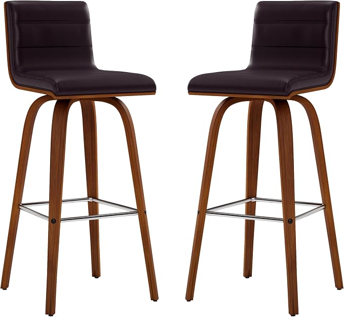 Armen Living Vienna 30" Bar Height Swivel Brown Faux Leather and Walnut Wood Bar Stool