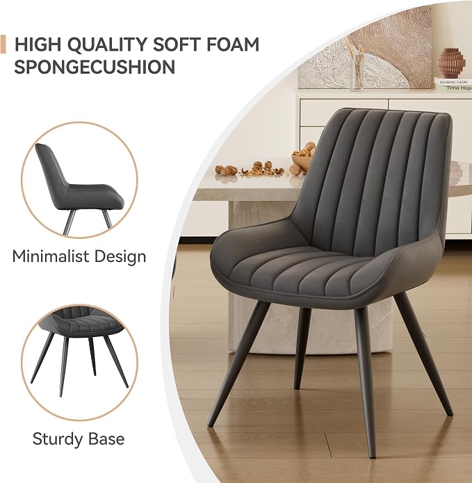 Dining Chairs Set of 2, Mid Century Modern Kitchen Chairs with Soft Cushion, Comfortable Upholstered Fabric Dining Room Chairs for Kitchen,Dark Grey