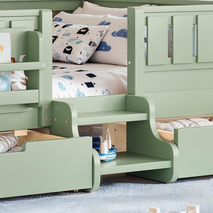 Bellemave Full Kids Montessori Bed with Stairs, Bookshelf and Drawers, Solid Wood Kids Bed Frame with Storage for Boys Girls, Low Profile,Green