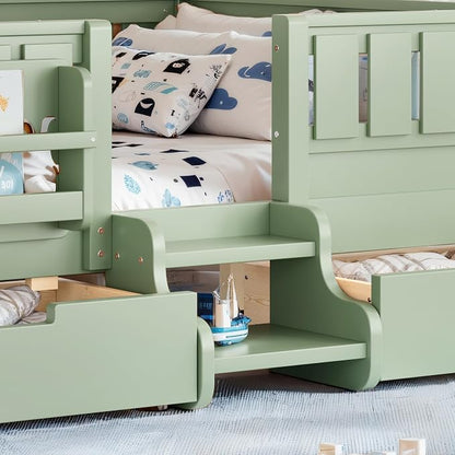 Bellemave Full Kids Montessori Bed with Stairs, Bookshelf and Drawers, Solid Wood Kids Bed Frame with Storage for Boys Girls, Low Profile,Green