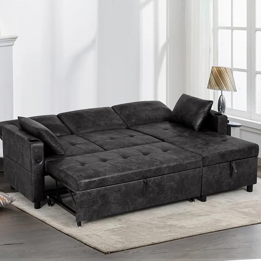 84" Suede Leather Pull Out Sofa Bed w/Adjustable Backrest, Sectional Sleeper Couch w/Storage Chaises and Armrest Pillows, U-Shape Sofa Bed w/USB Port for Living Room, House, Black