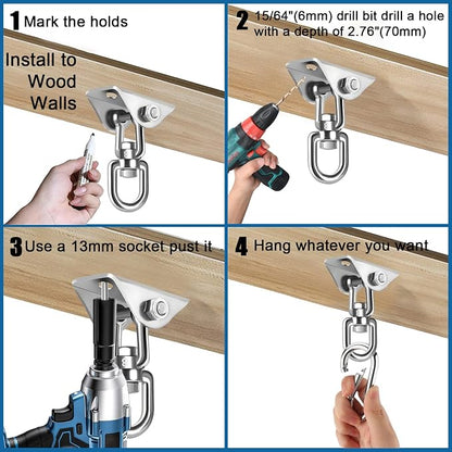 Hammock Hanging Kit,Hanging Chair Hardware 360°Rotating 1000 lb Capacity Hammock Hooks Heavy Duty,Hammock Chair Hanging Kit & Swing Ceiling Hook Snap for Hammock Chair Stand,Seat,Tree,Yoga,Gym(Silver)