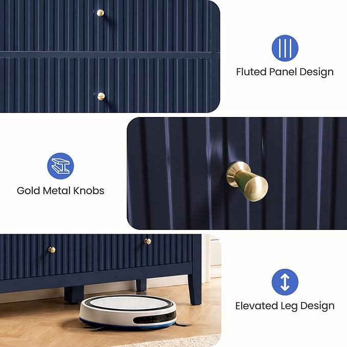 RoyalCraft Fluted Dresser for Bedroom with 9 Drawers, 59" Wide Painted Wooden Chest of Drawers, Modern TV Stand Storage Cabinet for Living Room, Hallway, Blue
