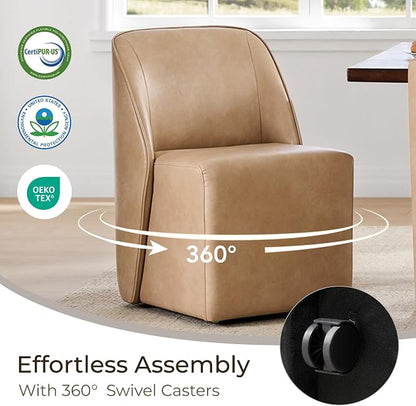 Watson & Whitely Leather Rolling Dining Chairs with Casters, Set of 2, Tan | Upholstered Seat, Removable Rollers, Modern Style, Armless Chairs for Dining Room, Living Room, Bedroom