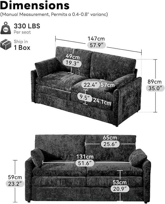 Iroomy 57" Chenille Loveseat 2 Seater, Small Love Seat Sofa, Cloud Couch Thick Cushions, Pocket Springs, Compact Couches for Apartment, Living Room, Dark Gray | 9.5" Thick Cushions