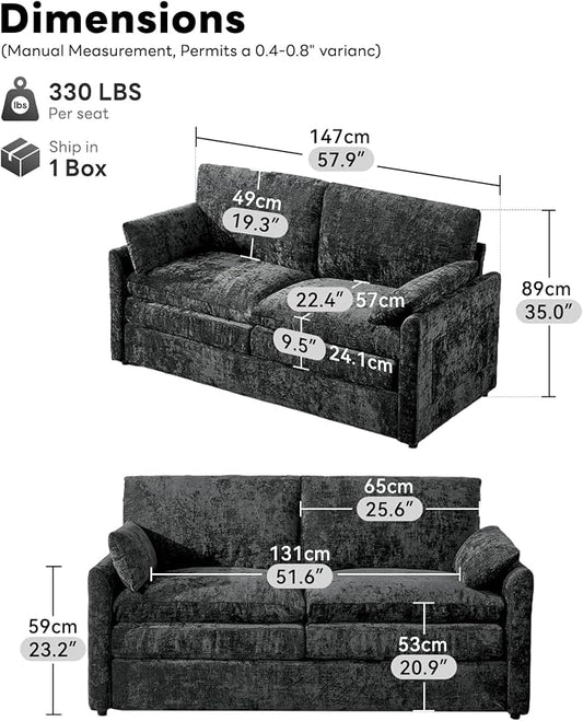 Iroomy 57" Chenille Loveseat 2 Seater, Small Love Seat Sofa, Cloud Couch Thick Cushions, Pocket Springs, Compact Couches for Apartment, Living Room, Dark Gray | 9.5" Thick Cushions