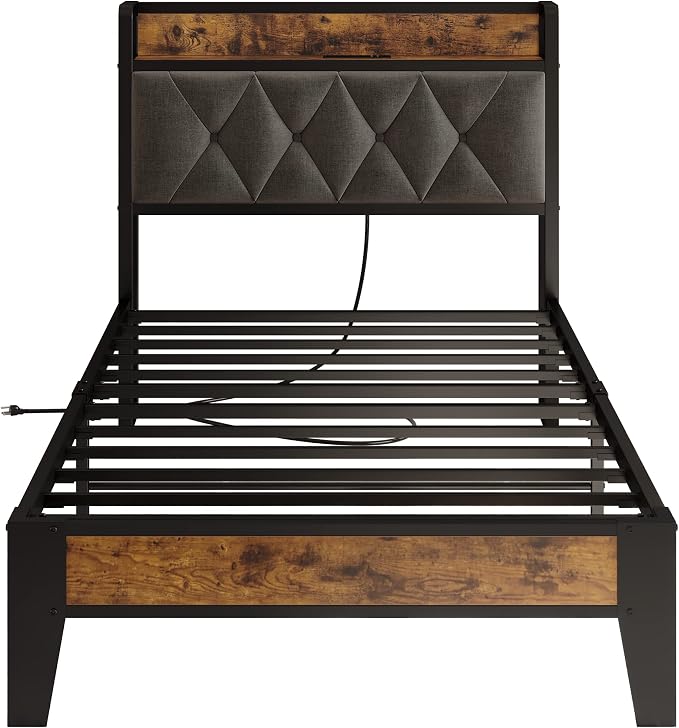 ANCTOR Twin Bed Frame, Upholstered Tufted Headboard, Storage Shelves & Charging Station, No Box Springs Needed, Sturdy, Noise-Free, Modern Vintage Style
