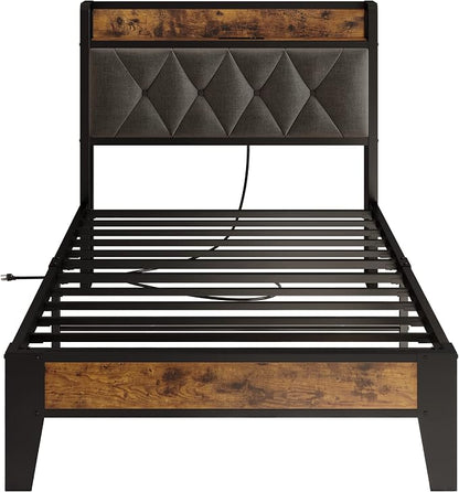 ANCTOR Twin Bed Frame, Upholstered Tufted Headboard, Storage Shelves & Charging Station, No Box Springs Needed, Sturdy, Noise-Free, Modern Vintage Style