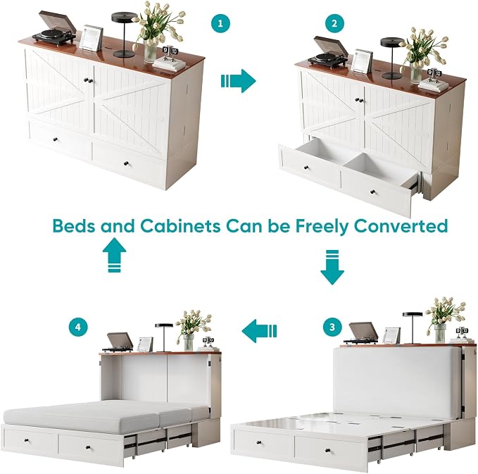 BALUS 57.5" W Full Cabinet Murphy Bed with Built-in Charging Station, Full Size Murphy Cabinet Bed with Storage Drawers for Guest Room, Multi-Functional Chest Bed for Small Space, Bedroom, White