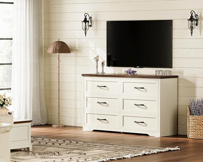 AODK Farmhouse 6 Drawer Dresser for Bedroom, 47” Wide Rustic Storage Dresser with Engineered Wood Frame, Anti-Tip Safety Chest, American Country Bedroom Furniture, Walnut & Vintage White