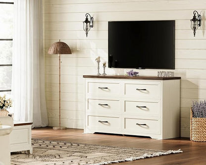 AODK Farmhouse 6 Drawer Dresser for Bedroom, 47” Wide Rustic Storage Dresser with Engineered Wood Frame, Anti-Tip Safety Chest, American Country Bedroom Furniture, Walnut & Vintage White
