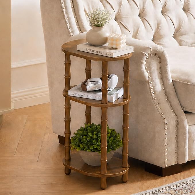 Narrow Side Table with Storage, 3-Tier End Table Skinny Nightstand for Bedroom, Living Room Small Space, Rustic Brown
