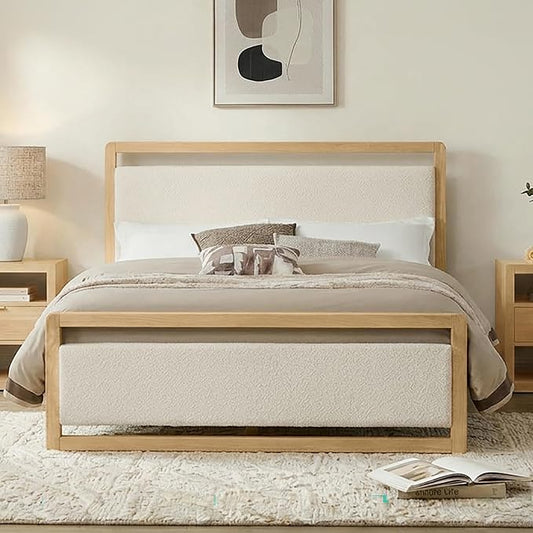 KISLOT Wood Bed Frame with Headboard and Footboard, Mattress Foundation with USB Charging Strong Wooden Slat Support Noise-Free Easy Assembly No Box Spring Needed