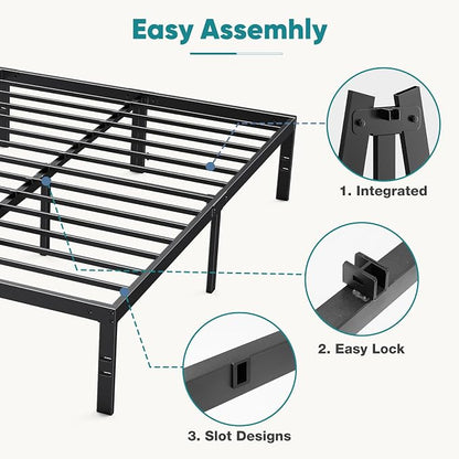 Sweetcrispy Bed Frame King - Heavy Duty No Box Spring Needed Metal Platform Bedroom Frames with Storage Space, 14 Inches High, Sturdy Steel Slat Support, Black