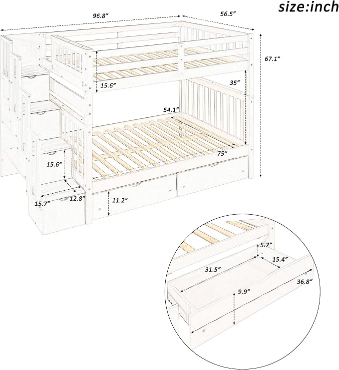 RUNNA Full Over Full Bunk Bed, Convertible, Storage Stairs White | Full over full bunk bed, convertible split design, storage stairs, solid pine wood, guardrails, no box spring needed,White