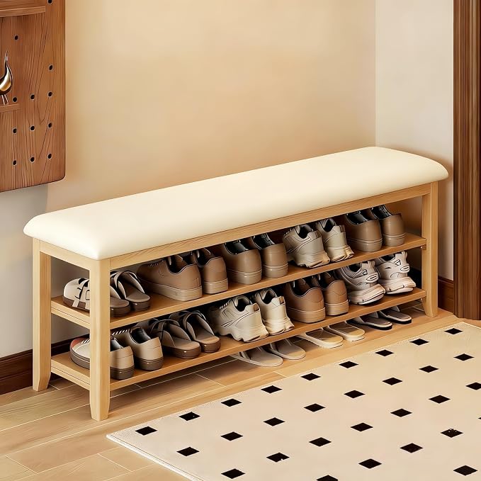 Shoe Bench Storage with Leather Cushion, Rustic Solid Wood Entryway Bench with 2 Height-Adjustable and Removable Shelves for Hallway, Living Room, Mudrooms (Natural Wood,47.2")