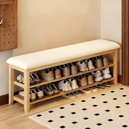 Shoe Bench Storage with Leather Cushion, Rustic Solid Wood Entryway Bench with 2 Height-Adjustable and Removable Shelves for Hallway, Living Room, Mudrooms (Natural Wood,47.2")