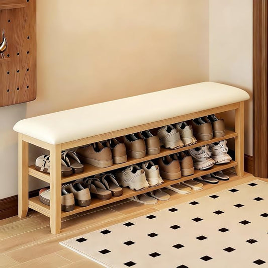 Shoe Bench Storage with Leather Cushion, Rustic Solid Wood Entryway Bench with 2 Height-Adjustable and Removable Shelves for Hallway, Living Room, Mudrooms (Natural Wood,47.2")
