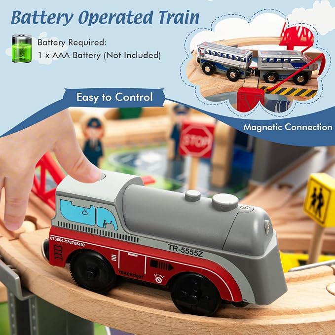 Costzon 2-in-1 Wooden Train Table with Storage Drawer | Kids Activity Table w/ 100 Pieces Railway, Track, Cars, City, DIY Design, Reversible Tabletop, Gift for Boys Girls