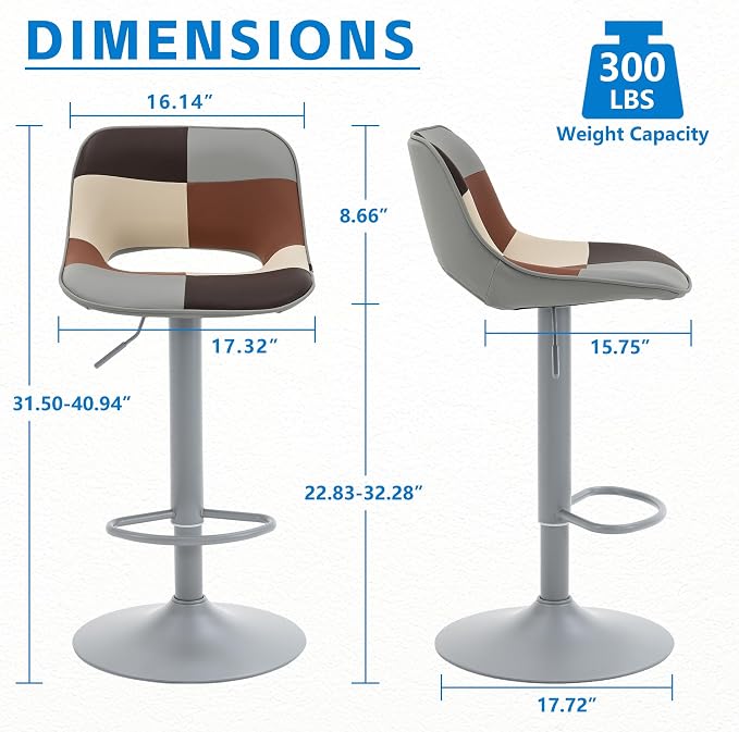 YOUNIKE Bar Stools Set of 2, Boho Colorful Patchwork Faux Leather Barstools, Adjustable Swivel Counter Height Bar Stool Upholstered Counter Stools with Hollow Back for Kitchen Island, GreyBeige