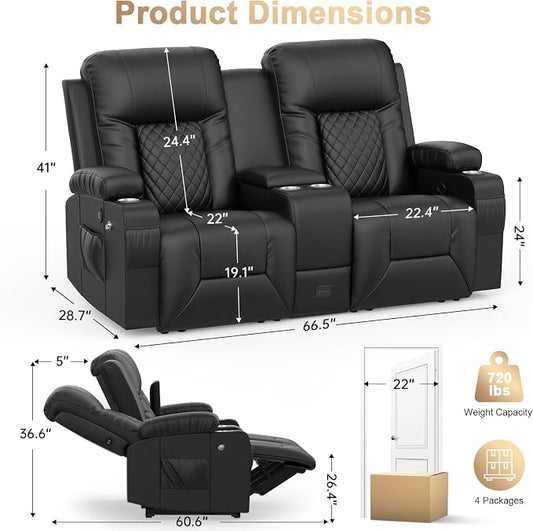 Loveseat Recliner Sofa, Home Theater Seating with Center Console, Reclining Loveseat RV Couch with USB Ports & Phone Holders, Wall Hugger RV Sofa Furniture with Storage & Pocket