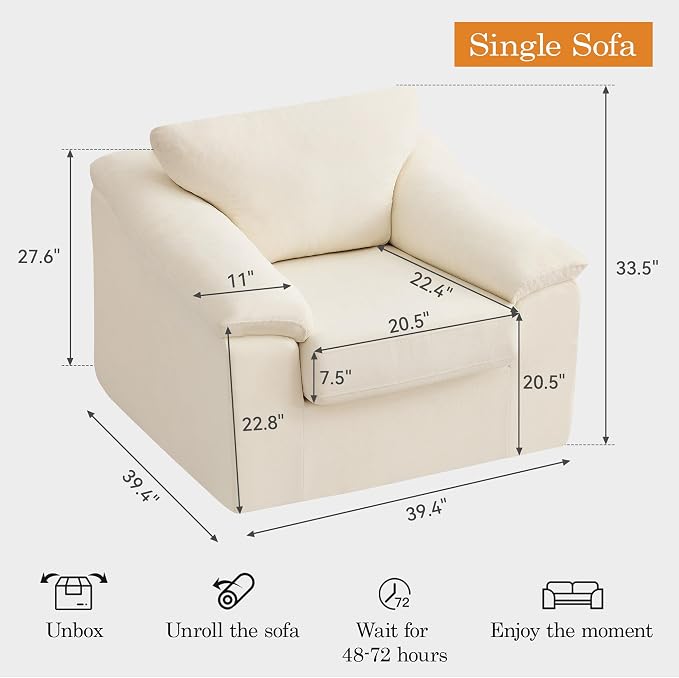 Boneless Single Sofa Chair, Modern Cloud Accent Chair, Comfy Deep Seat Couch for Living Room, Bedroom, Apartment, Small Space, No Assembly, Beige