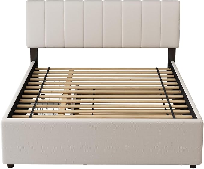 Full Size Upholstered Platform Bed w/Trundle Bed & 2 Storage Drawers | Twin Size Trundle,Two Drawers,LED Lighting Controlled by APP, USB+Type-C Charging Ports, Chenille Upholstered Bed Frame,Beige