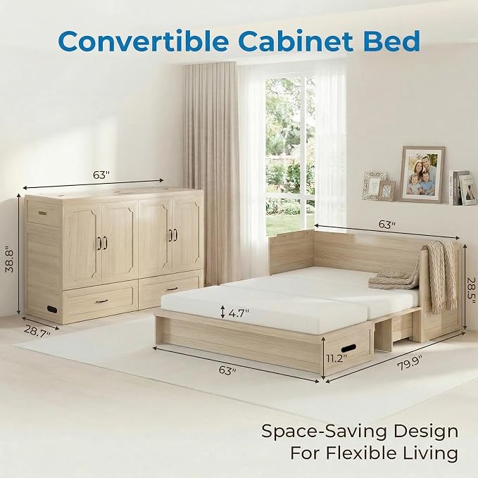 Mjkone Murphy Bed, Queen Hidden Cabinet Bed with Built-in USB Charging Station and 2 Storage Drawers, Murphy Wall Beds Cabinet Beds for Living Room, Guest Room, Apartment, Natural Wood (No Mattress)