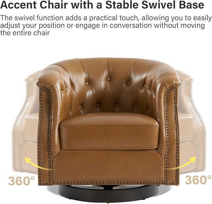 HULALA HOME Genuine Leather Swivel Accent Chairs Set of 2, Swivel Rocker Barrel Chairs, Traditional Chesterfield Armchairs with Button-Tufted Design, No Assembly Required, Camel