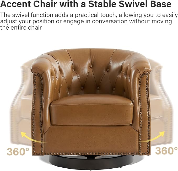 HULALA HOME Genuine Leather Swivel Accent Chair, Swivel Rocker Barrel Chair, Traditional Chesterfield Armchair with Button-Tufted Design, No Assembly Required, Camel