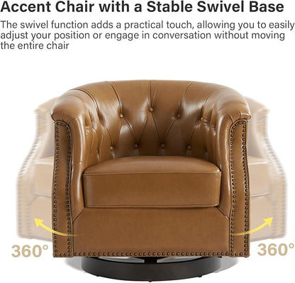 HULALA HOME Genuine Leather Swivel Accent Chair, Swivel Rocker Barrel Chair, Traditional Chesterfield Armchair with Button-Tufted Design, No Assembly Required, Camel