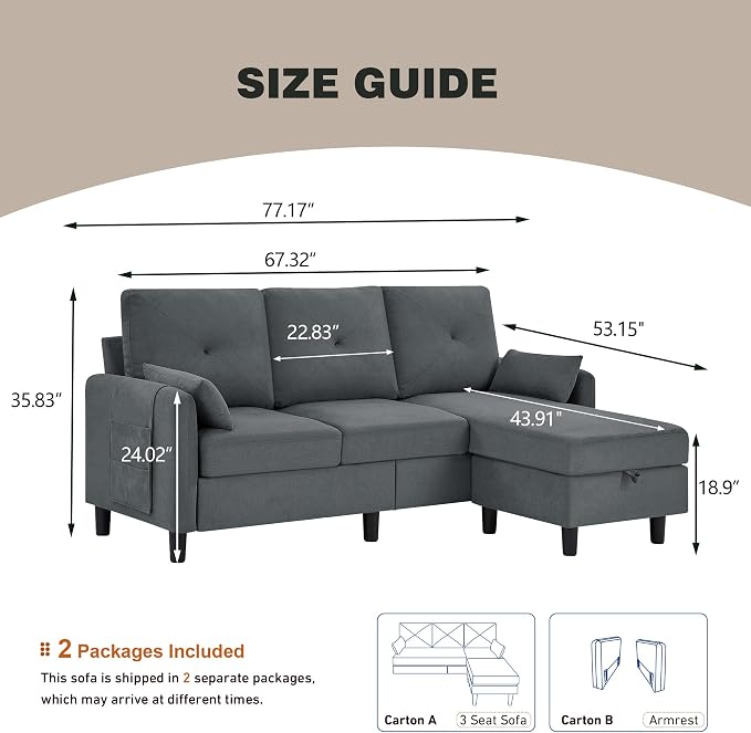 Convertible L-Shaped Sectional Sofa, 3-Seat Sofa Couches with Storage Ottoman & 2 Pillows and Side Storage Pockage, Small Modern Couch for Living Room, Apartment and Office, Dark Grey