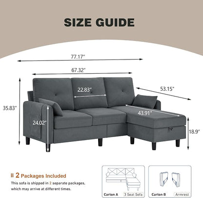 Convertible L-Shaped Sectional Sofa, 3-Seat Sofa Couches with Storage Ottoman & 2 Pillows and Side Storage Pockage, Small Modern Couch for Living Room, Apartment and Office, Dark Grey