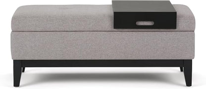SIMPLIHOME Oregon Storage Ottoman Bench with Tray - 42 inch Wide Upholstered Linen Look Fabric Rectangle Storage Ottoman Bench in Cloud Grey, Transitional Tufted Ottoman for Living Room with Lift Top