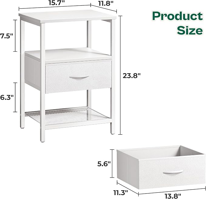 Huuger Night Stand with Fabric Drawer, Side Table with Mesh Shelf, Bedroom Nightstand, Fabric Drawer Dresser, Open Shelf, Metal Frame, Couch Side, White