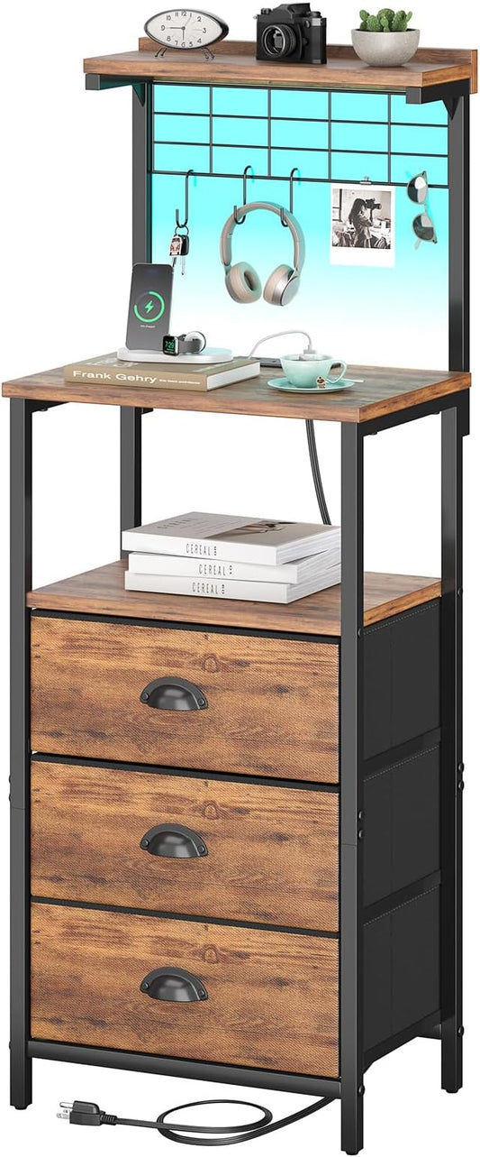 sthmec Tall Nightstands with Charging Station, LED Night Stand Bedsides with 3 Fabric Drawers,Hooks,USB Port and Open Storage Shelves,Tall End Table Bedside Tables for Bedroom,Office, Rustic Brown
