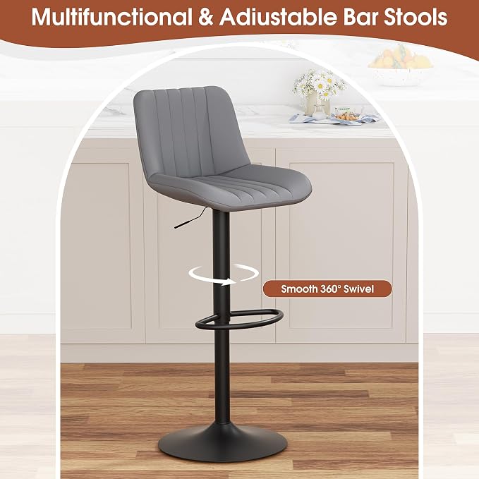 JAMFLY Modern Leather Bar Stools – Swivel & Height-Adjustable Bar Chairs with Footrest, Ergonomic Design for Kitchen Island, Home & Commercial Bar – Set of 4, Grey