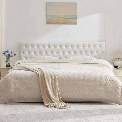 Tufted Upholstered Queen Size Bed Headboard in Modern Button Design, Adjustable Solid Wood Head Board, Premium Velvet Fabric Padded Headboards in Bedroom (White)