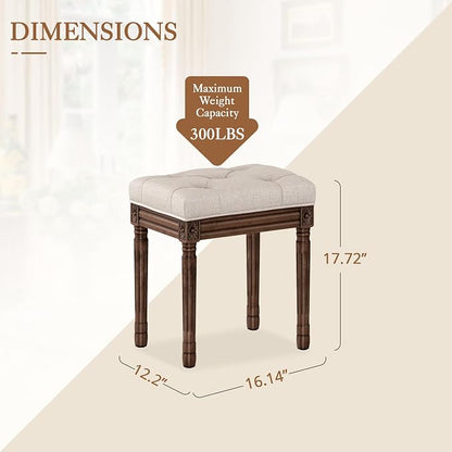 LUE BONA Upholstered Fabric Vanity Bench Seat, Makeup Stools for Vanity, Square Tufted Ottoman Bench with Carved Dark Brown Legs for Bedroom Living Room, Linen Color