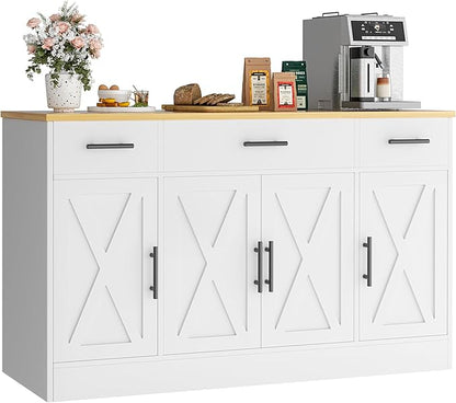 Vongrasig Buffet Cabinet with Storage, Farmhouse Coffee Bar Cabinet with Drawers, 53” Large Modern Sideboard Buffet with Adjustable Shelves for Kitchen, Dining Room, White