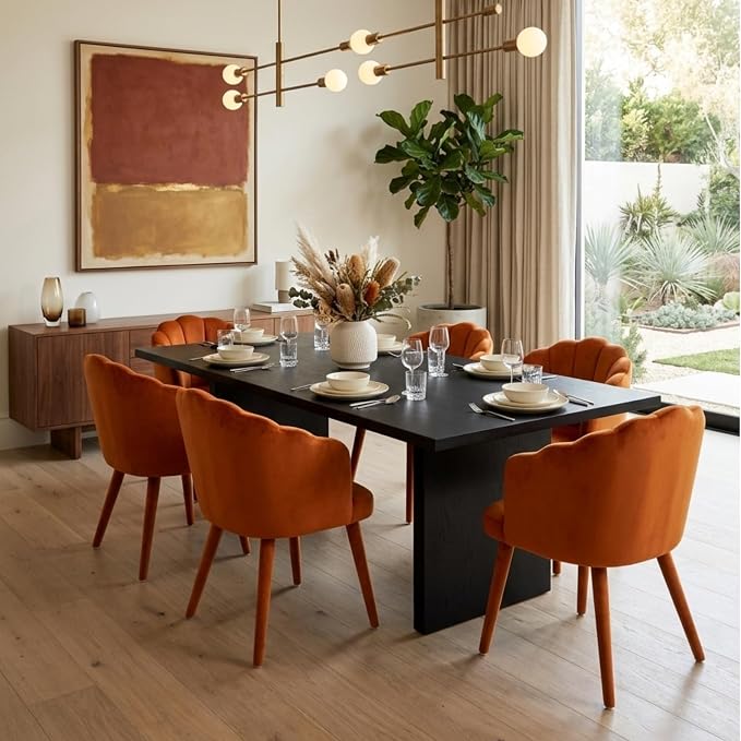 Hyfirm Velvet Dining Chairs Set of 4, Upholstered Modern Kitchen Dining Chairs with Petal Back & Fabric Covered Wooden Legs, Comfy Accent Armchairs for Bedroom/Kitchen/Vanity, Orange