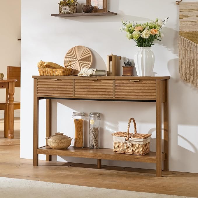 LEYAOYAO Fluted 47.2" Console Table with 3 Drawers, Modern Wood 2 Tier Entryway Table with Open Storage Shelf, Boho Sofa Entry Tables Behind Couch for Living Room, Hallway, Entrance Foyer, Tea Brown