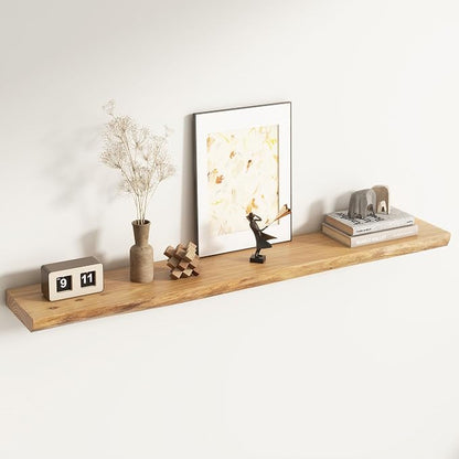 Live Edge Floating Shelves for Wall Decor, Solid Elm Wood Floating Shelves Wall Mounted, Rustic Wall Shelves with Invisible Bracket for Living Room Bathroom Bedroom Kitchen, 55 Inch, Natural