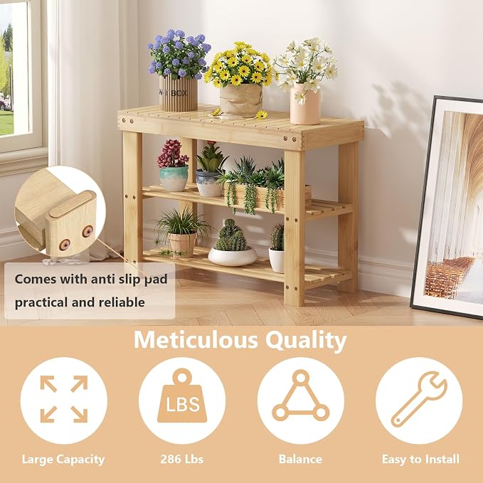 Sweetcrispy 3-Tier Shoe Rack Bench for Entryway, 27 Inches, Wood | Bamboo Shoe Storage Bench, Shoes Rack for Entrance, Bedroom, Living Room, Balcony, 6 Pairs, 286lb Capacity