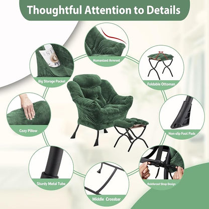 Youtanic Lazy Chair with Folding Ottoman, Accent Chair Plush Upholstered with Metal Structure and Non-Slip Pads, Sofa Armchair with Footrest and Side Storage Bag for Dorm, Room, Office, Green