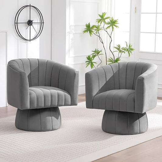 Swivel Accent Barrel Chair Set of 2, Cute Comfy Small Round 360° Arm Chair, Velvet Sofa Club Reading Chair for Living Room Bedroom Office Grey