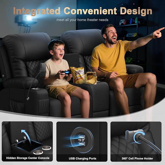 Recliner Sofa Set, Loveseat Recliner Couch and 2 PCS Recliner Chair with Heat & Massage, Home Theater Seating with Console, Drawer, USB Ports & Phone Holders, Reclining Loveseat for Theater