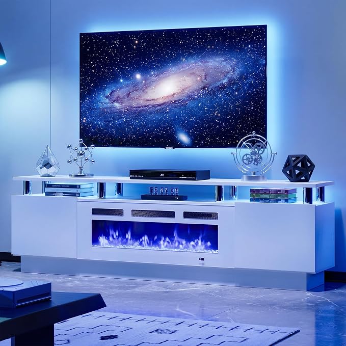 90" TV Stand for Living Room, Large Entertainment Center & Media Console, Fits TVs up to 100", Storage Cabinet with Shelves, 50" Electric Fireplace, All White